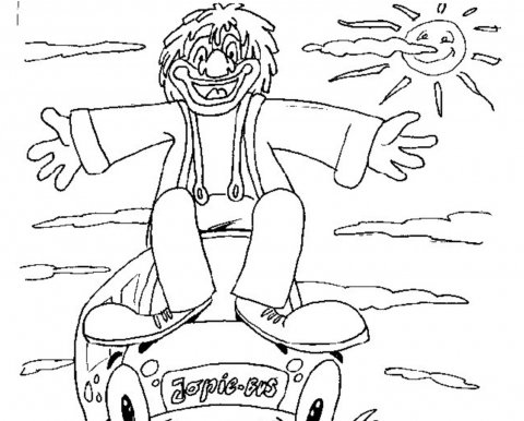 Kleurplaat Clown Jopie bovenop bus