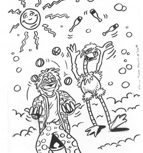 Kleurplaat Clown Jopie en Piet de Kanariepiet jongleren