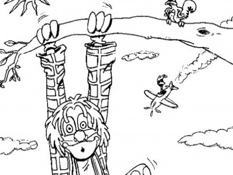 Kleurplaat Clown Jopie hangt aan tak