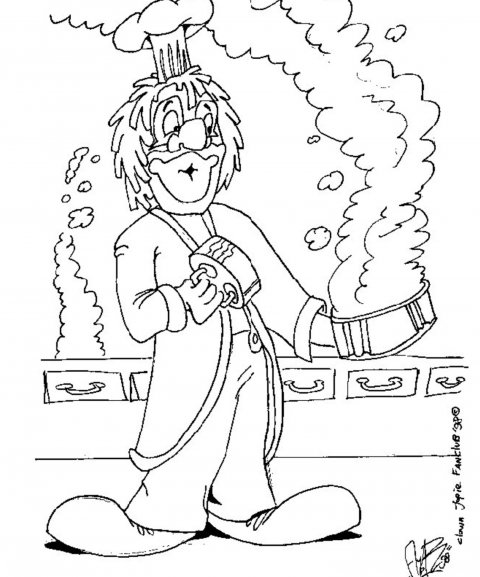 Kleurplaat Clown Jopie kookt