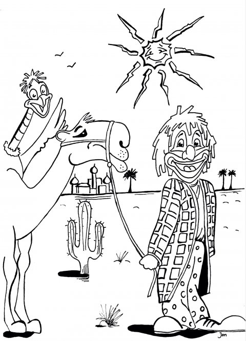 Kleurplaat Clown Jopie met kameel