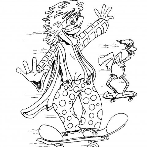 Kleurplaat Clown Jopie op skateboard
