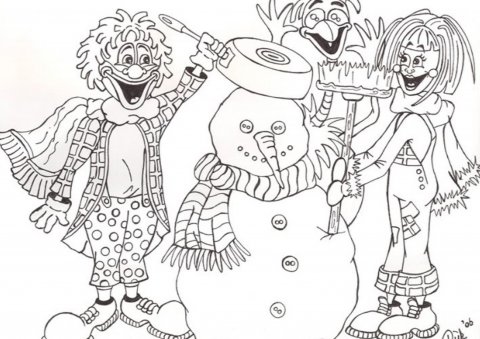 Kleurplaat Clown Jopie sneeuwpop maken