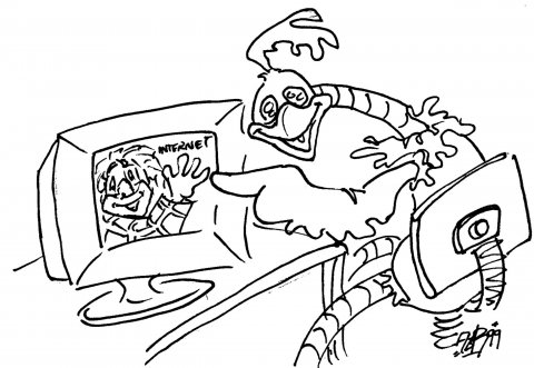 Kleurplaat Piet de Kanaripiet achter de computer